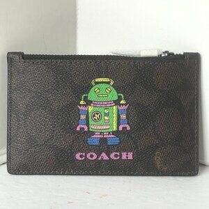 Coach Cosmic Coach Zip Card Case Robot Space CW223 Brown Leather Wallet